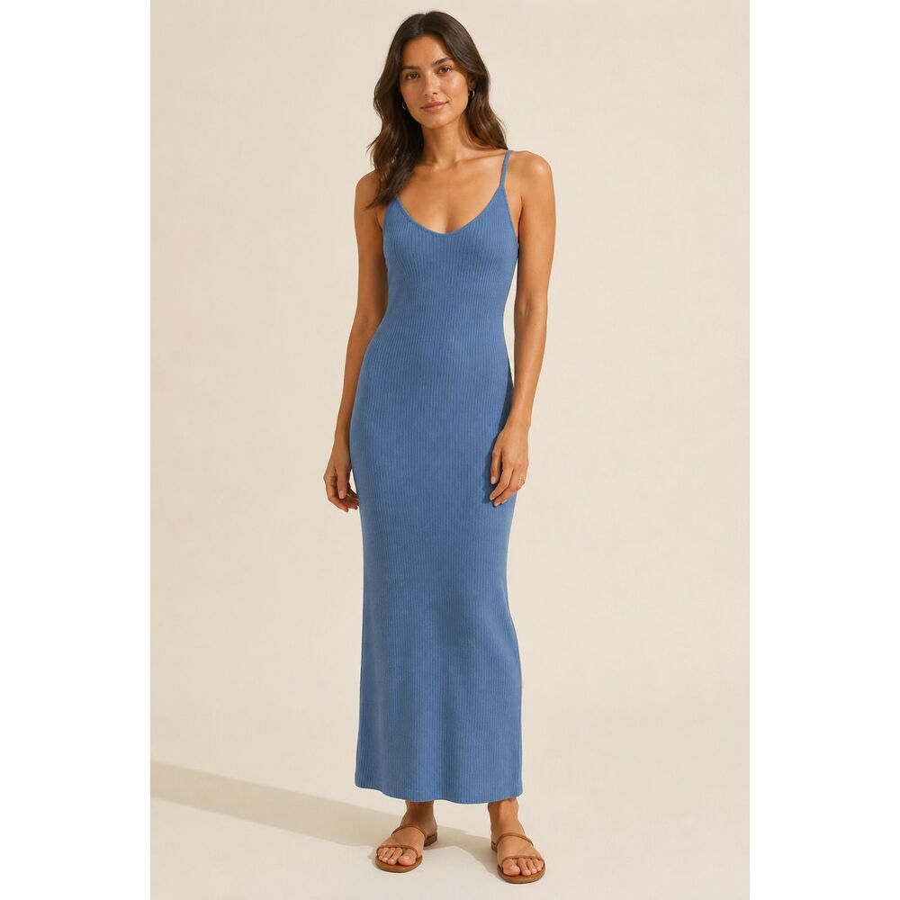 ACOA Blue Ribbed Sweater Dress Women S Long Sleeve Bodycon Mini Stretch Knit